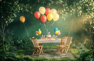 A birthday picnic scene in a garden with a decorated table, bright balloons tied to chairs, and a lush green backdrop with soft lighting photo