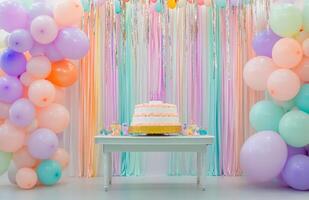 A colorful birthday setup with pastel balloons, a large cake table, and streamers hanging from the ceiling, creating a festive atmosphere photo