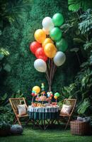 A birthday picnic scene in a garden with a decorated table, bright balloons tied to chairs, and a lush green backdrop with soft lighting photo