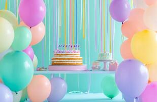 A colorful birthday setup with pastel balloons, a large cake table, and streamers hanging from the ceiling, creating a festive atmosphere photo