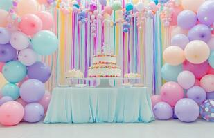 A colorful birthday setup with pastel balloons, a large cake table, and streamers hanging from the ceiling, creating a festive atmosphere photo