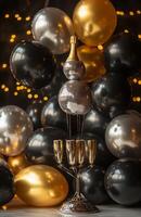 A luxurious birthday setting with black, gold, and silver balloons, a champagne tower, and sparkling lights for an elegant celebration photo
