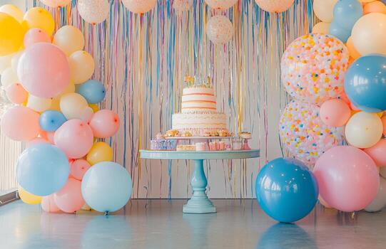 A colorful birthday setup with pastel balloons, a large cake table, and streamers hanging from the ceiling, creating a festive atmosphere photo
