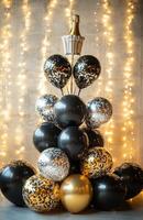 A luxurious birthday setting with black, gold, and silver balloons, a champagne tower, and sparkling lights for an elegant celebration photo