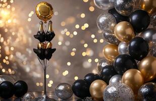A luxurious birthday setting with black, gold, and silver balloons, a champagne tower, and sparkling lights for an elegant celebration photo
