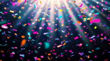 Bright, colorful confetti falling against a dark background, illuminated by sharp rays of light cutting through the scene, creating a festive and dynamic atmosphere photo
