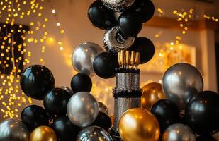 A luxurious birthday setting with black, gold, and silver balloons, a champagne tower, and sparkling lights for an elegant celebration photo