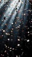 A cascade of metallic confetti falling in slow motion, with radiant beams of light piercing through the darkness, highlighting each piece in vivid detail photo