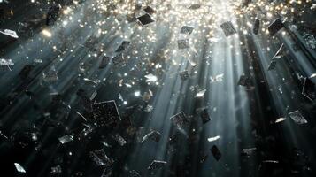 A cascade of metallic confetti falling in slow motion, with radiant beams of light piercing through the darkness, highlighting each piece in vivid detail photo