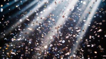 A shower of glittering confetti, highlighted by piercing light rays that create sharp contrasts between the bright pieces and the dark background photo