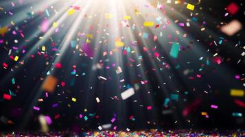 Bright, colorful confetti falling against a dark background, illuminated by sharp rays of light cutting through the scene, creating a festive and dynamic atmosphere photo