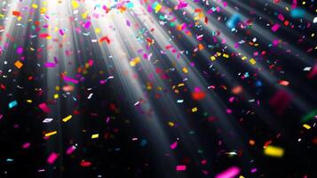Bright, colorful confetti falling against a dark background, illuminated by sharp rays of light cutting through the scene, creating a festive and dynamic atmosphere photo
