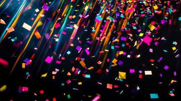 A vibrant scene of confetti fluttering through the air, with bold, colorful streaks of light illuminating the falling pieces against a deep black background photo