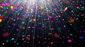 Colorful confetti suspended mid-air, with beams of light fanning out and illuminating the particles as they fall against a black void photo
