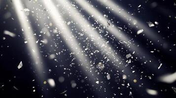 Dynamic image of swirling confetti, caught in beams of white light, with the dark background enhancing the brightness and movement of the scene photo