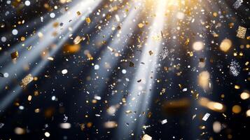 A burst of sparkling confetti, with golden and silver pieces glinting under bright, focused beams of light, set against a dark, mysterious background photo