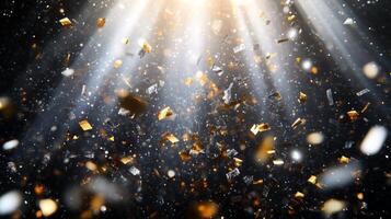 A burst of sparkling confetti, with golden and silver pieces glinting under bright, focused beams of light, set against a dark, mysterious background photo