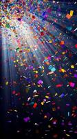 Bright, colorful confetti falling against a dark background, illuminated by sharp rays of light cutting through the scene, creating a festive and dynamic atmosphere photo