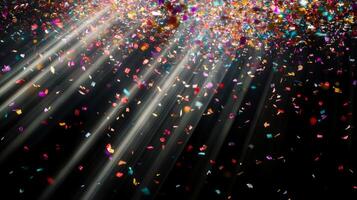 Multicolored confetti raining down against a black backdrop, with dramatic light rays streaming through the scene, casting shadows and reflections photo