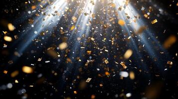 A burst of sparkling confetti, with golden and silver pieces glinting under bright, focused beams of light, set against a dark, mysterious background photo