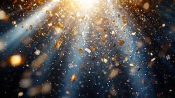 A burst of sparkling confetti, with golden and silver pieces glinting under bright, focused beams of light, set against a dark, mysterious background photo