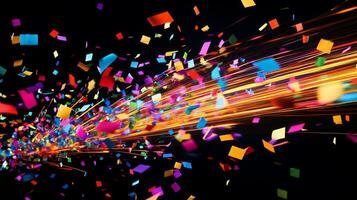 A vibrant scene of confetti fluttering through the air, with bold, colorful streaks of light illuminating the falling pieces against a deep black background photo
