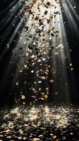 A cascade of metallic confetti falling in slow motion, with radiant beams of light piercing through the darkness, highlighting each piece in vivid detail photo