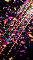 A vibrant scene of confetti fluttering through the air, with bold, colorful streaks of light illuminating the falling pieces against a deep black background photo