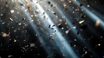 A cascade of metallic confetti falling in slow motion, with radiant beams of light piercing through the darkness, highlighting each piece in vivid detail photo