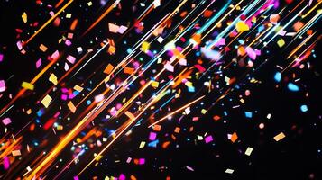 A vibrant scene of confetti fluttering through the air, with bold, colorful streaks of light illuminating the falling pieces against a deep black background photo