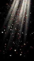 Abstract image of falling confetti illuminated by soft, scattered light rays, creating a magical and ethereal atmosphere over a black background photo