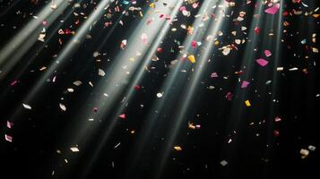 Abstract image of falling confetti illuminated by soft, scattered light rays, creating a magical and ethereal atmosphere over a black background photo