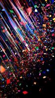 A vibrant scene of confetti fluttering through the air, with bold, colorful streaks of light illuminating the falling pieces against a deep black background photo