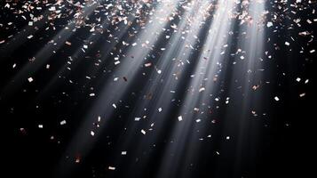 Abstract image of falling confetti illuminated by soft, scattered light rays, creating a magical and ethereal atmosphere over a black background photo