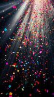 Colorful confetti suspended mid-air, with beams of light fanning out and illuminating the particles as they fall against a black void photo