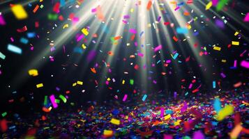 Bright, colorful confetti falling against a dark background, illuminated by sharp rays of light cutting through the scene, creating a festive and dynamic atmosphere photo