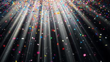 Colorful confetti suspended mid-air, with beams of light fanning out and illuminating the particles as they fall against a black void photo