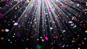 Colorful confetti suspended mid-air, with beams of light fanning out and illuminating the particles as they fall against a black void photo