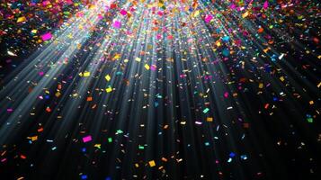 Colorful confetti suspended mid-air, with beams of light fanning out and illuminating the particles as they fall against a black void photo