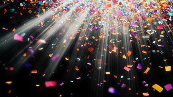 Multicolored confetti raining down against a black backdrop, with dramatic light rays streaming through the scene, casting shadows and reflections photo