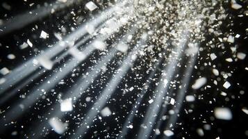 Dynamic image of swirling confetti, caught in beams of white light, with the dark background enhancing the brightness and movement of the scene photo