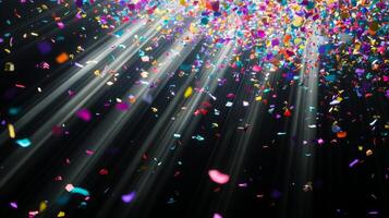 Multicolored confetti raining down against a black backdrop, with dramatic light rays streaming through the scene, casting shadows and reflections photo
