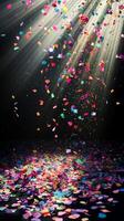 Multicolored confetti raining down against a black backdrop, with dramatic light rays streaming through the scene, casting shadows and reflections photo