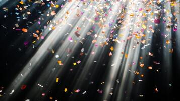 Soft, multicolored confetti drifting through shafts of light, with the dark background creating a stark, captivating contrast photo