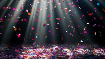 Soft, multicolored confetti drifting through shafts of light, with the dark background creating a stark, captivating contrast photo