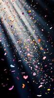 Soft, multicolored confetti drifting through shafts of light, with the dark background creating a stark, captivating contrast photo