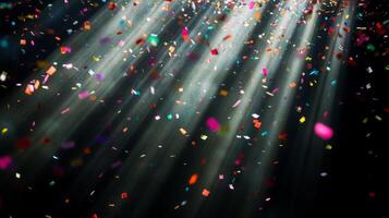 Soft, multicolored confetti drifting through shafts of light, with the dark background creating a stark, captivating contrast photo