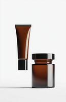 A floating cosmetic tube and jar set, both suspended side by side in mid-air, with a pure white background highlighting their shapes photo