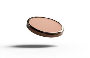 A flat cosmetic compact case levitating in mid-air, with clean edges and smooth reflections, isolated on a bright white background photo