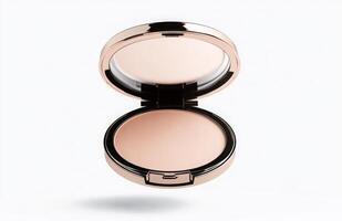 A flat cosmetic compact case levitating in mid-air, with clean edges and smooth reflections, isolated on a bright white background photo